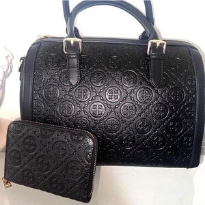 Black Embossed Dome Satchel Handbag with Matching Wallet